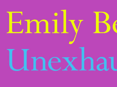 An image taken from the book cover, Its shows a bit the the name Emily in yellow text and the first six letters of the word "unexhausted" in blue text. The background is shocking pink