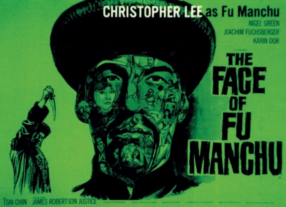 A green film poster with Christopher Lee as the Character Fu Manchu