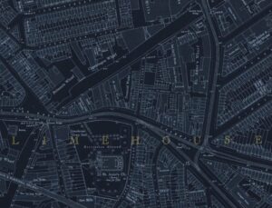 An old map of Limehouse in London, the colour is predominantly blue