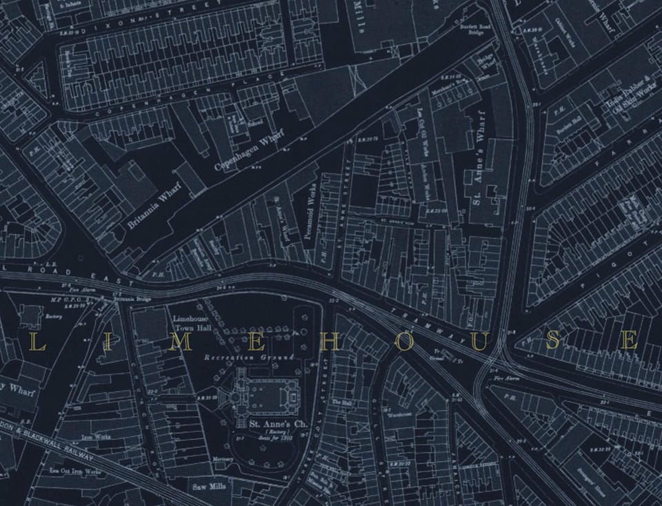An old map of Limehouse in London, the colour is predominantly blue