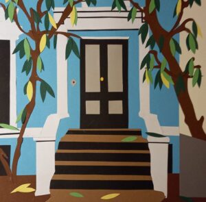 A paper cutout of the front steps to Steven Spender's house. It is a blue townhouse and stone steps lead to the front door. Leaves are on the ground, giving an autumnal air.