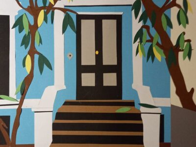 A paper cutout of the front steps to Steven Spender's house. It is a blue townhouse and stone steps lead to the front door. Leaves are on the ground, giving an autumnal air.