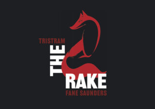 A black background with a red brush stroke image that looks like a fox. The image is red and is surrounded by white text with the words THE RAKE in block capitals.