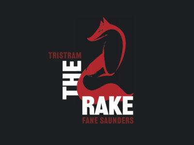 A black background with a red brush stroke image that looks like a fox. The image is red and is surrounded by white text with the words THE RAKE in block capitals.