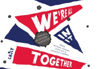 The words "We're all in it together" in white bold text on ragged red and blue triangles (a bit like flags) on a white background.