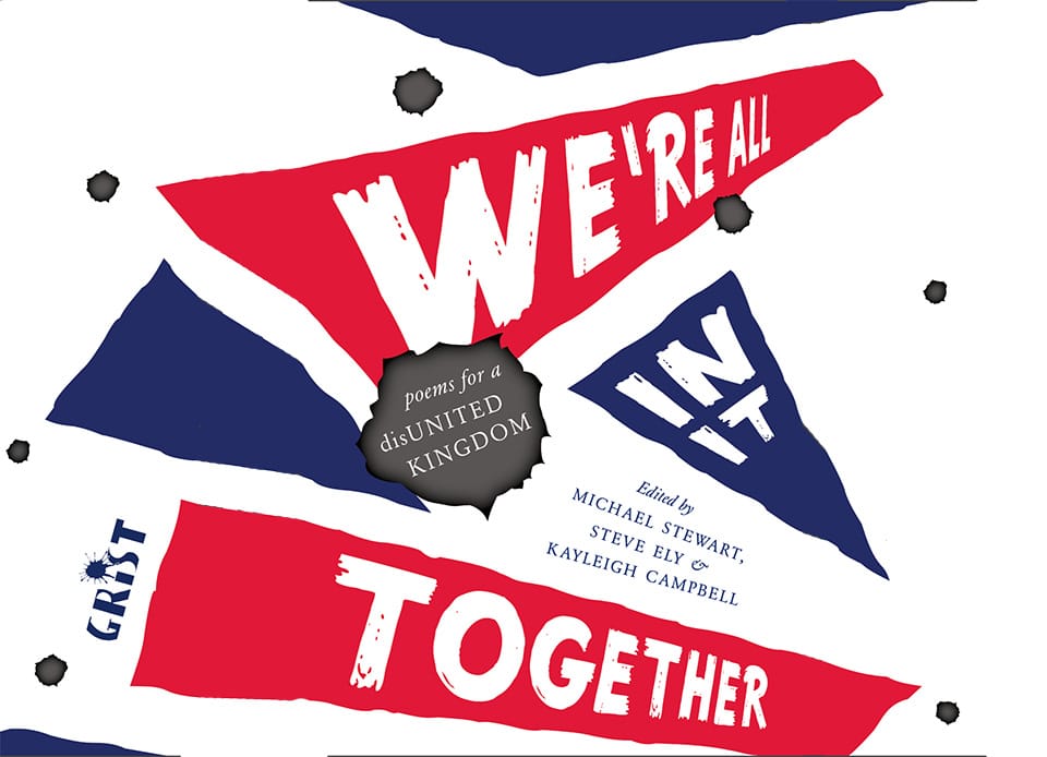 The words "We're all in it together" in white bold text on ragged red and blue triangles (a bit like flags) on a white background.