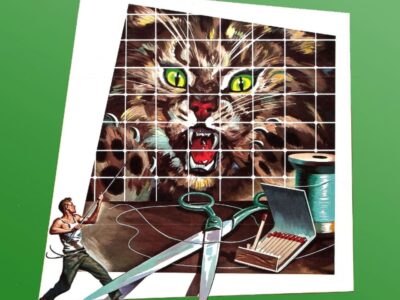 A tiny man defending himself from a large and dangerous looking cat! Its a poster image from the film " The Incredible Shrinking Man"