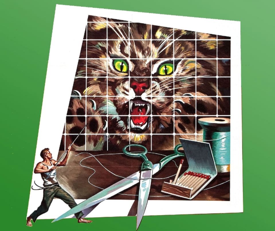 A tiny man defending himself from a large and dangerous looking cat! Its a poster image from the film " The Incredible Shrinking Man"