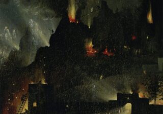 A a detail from Hieronymus Bosch’s ‘The Garden of Earthly Delights’. It's a night scene showing fires and silhouettes of houses. At the bottom right light shines through an archway.