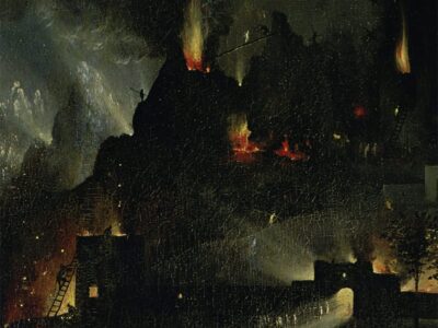 A a detail from Hieronymus Bosch’s ‘The Garden of Earthly Delights’. It's a night scene showing fires and silhouettes of houses. At the bottom right light shines through an archway.