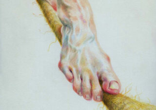 Part of a painting which shows a foot on a tightrope.