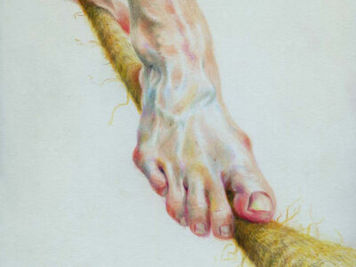 Part of a painting which shows a foot on a tightrope.