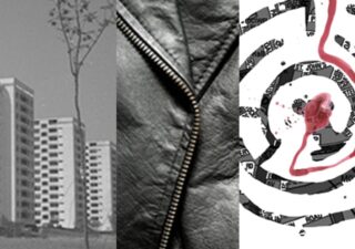 Images from the three pamphlet covers, mostly grayscale. Three are some photographed high rise buildings, a close up of a black leather jacket and a drawing of what looks like a figure in a maze