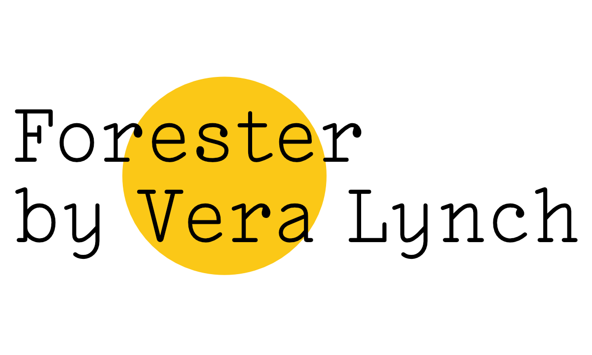 Black text on white reads: 'Forester by Vera Lynch' with a medium-sized yellow Froday Poem blob over the 'este' of 'Forester' and the word 'Vera'