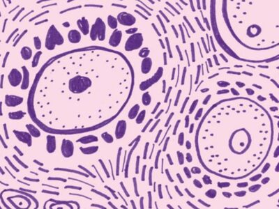 Dark purple circles on a pale pink background. The circles look a bit like cells and are surrounded by dots and same shapes in swirling patterns.