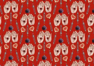 A red background has a repeating pattern on it, the pattern comprises two open hands with stigmata, a syringe with a needle and some figs, halved and whole.