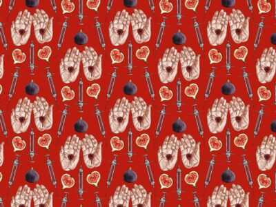 A red background has a repeating pattern on it, the pattern comprises two open hands with stigmata, a syringe with a needle and some figs, halved and whole.