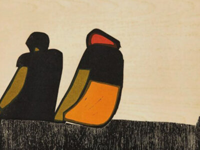 Naive painting of the backs of two people sitting on a wall, one has a red headscarf and orange skirt, one is dressed in black