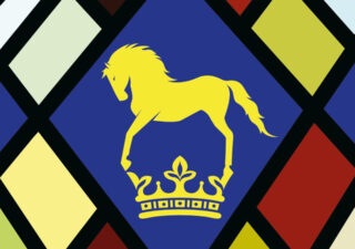 A section from what could be a stained glass window; it shows a central diamond shape with a blue background and a yellow horse silhouette standing on a yellow crown. There are diamonds of dark and pale red and yellow around.