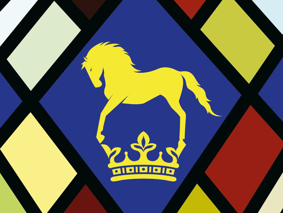 A section from what could be a stained glass window; it shows a central diamond shape with a blue background and a yellow horse silhouette standing on a yellow crown. There are diamonds of dark and pale red and yellow around.