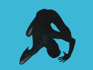 A black silhouette of a naked woman, kneeling, prostrate, on a bright blue background.