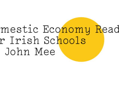 Black text on white reads 'Domestic Economy Reader for Irish Schools by John Mee' with a big yellow Friday Poem blob over the right hand side of the page.