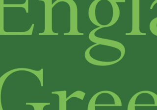 Partial text of the words 'England's Green'. The text is light green serif font on a dark green background. That's imaginative.