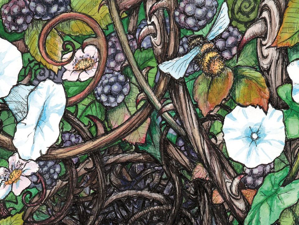What looks like an acrylic painting of vines, berries and white flowers.
