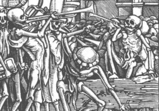 Black and white detail from a woodcut showing skeletons marching and clambering, some playing horns.