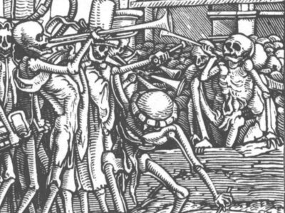 Black and white detail from a woodcut showing skeletons marching and clambering, some playing horns.