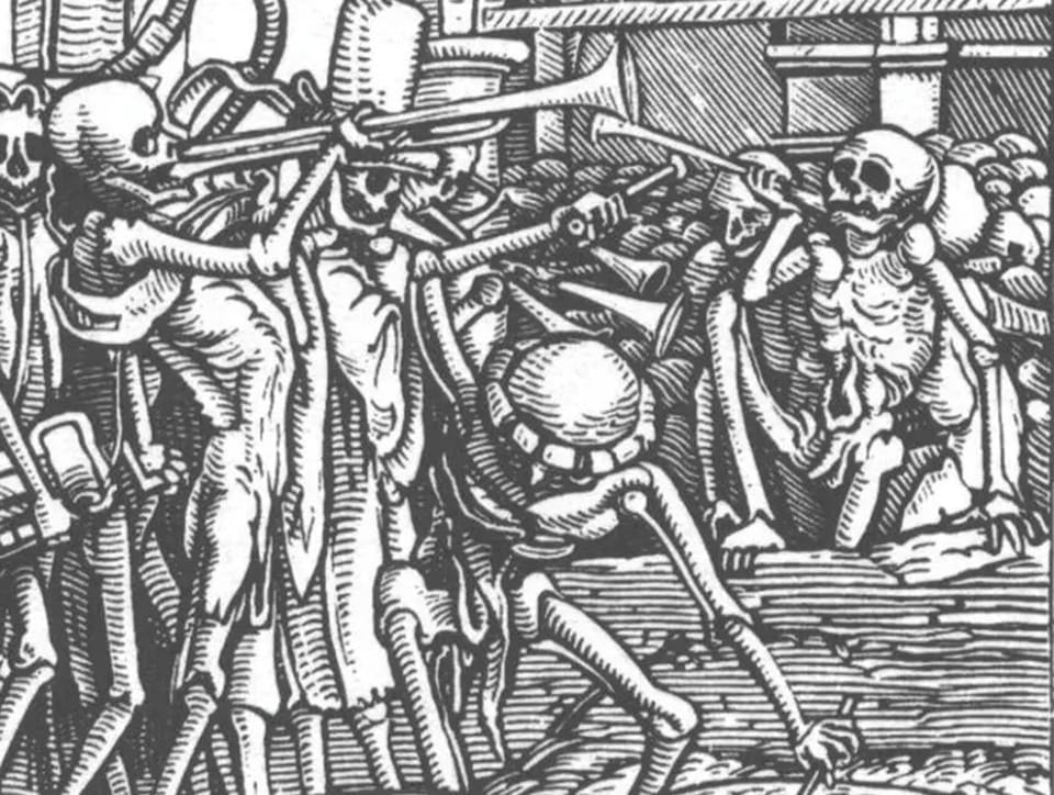 Black and white detail from a woodcut showing skeletons marching and clambering, some playing horns.