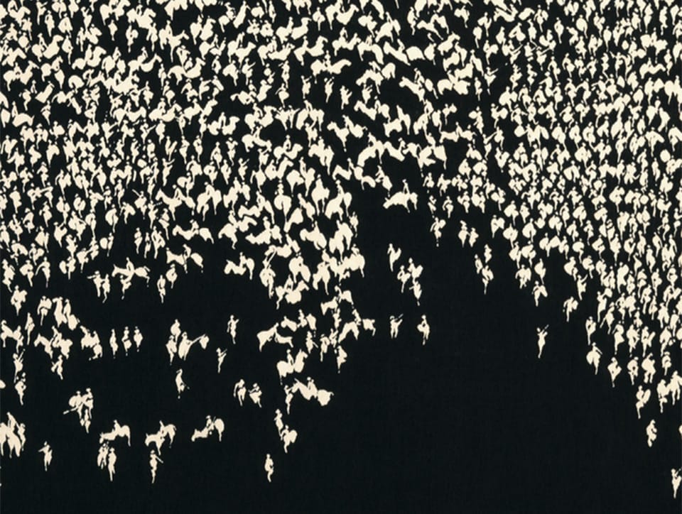 Black background covered in a myriad of small white shapes. At first the look like birds, but as one looks more closely they look like small abstract figures on horseback. Or maybe on camels. Who knows?