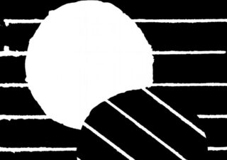 Black and white print showing a black background with white horizontal stripes. A circle of this is cut out and slid down showing a white background.