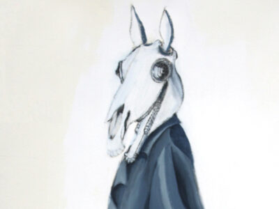 A drawing of a horses head, the head is looking at us and seems to be on the body of a woman wearing a blue coat. The background is cream and white.