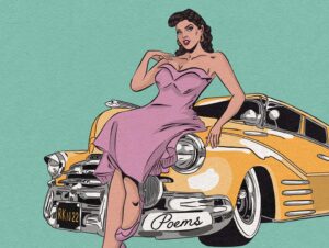 Pop Art-style graphic showing a 50s style pin-up girl lounging on a big old American car.
