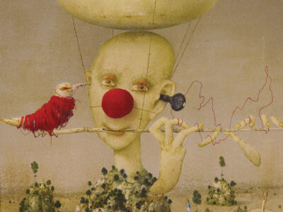 Part of a painting showing a baldheaded figure with a red nose. There is also a bird wrapped in red thread. The figure has a wooden violin tuning peg stuck in one ear.