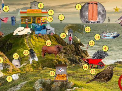 A collage showing a rocky landscape next to the sea with various objects superimposed, Numbers are next to each image more information is on this page