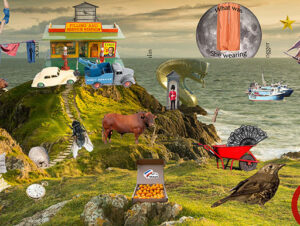 A collage showing a rocky landscape next to the sea with various objects superimposed, more information is in the screen-reader text on our Christmas Quiz page