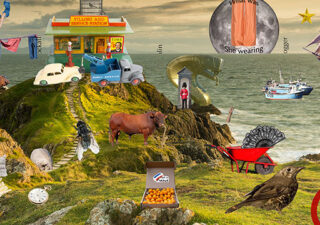 A collage showing a rocky landscape next to the sea with various objects superimposed, more information is in the screen-reader text on our Christmas Quiz page