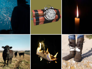 A composite image made of six images, comprising a man looking at distant fireworks, a ticking bomb, a candle, some cows in a field, some burning paper and a pair of moccasins.I know right. You'll have to read the article to find out.