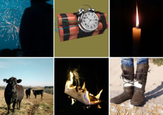 A composite image made of six images, comprising a man looking at distant fireworks, a ticking bomb, a candle, some cows in a field, some burning paper and a pair of moccasins.I know right. You'll have to read the article to find out.