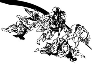 What looks like a Japanese wood cut showing four warriors in black and white.