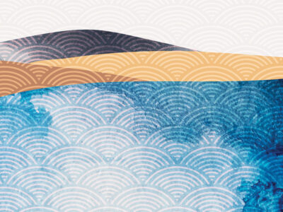 Appears to be a watercolour painting in a block graphic style representing sea in the foreground and a sandy seashore behind. The whole thing has a slightly swirly pattern visible. A bit like the circle marks on an artex ceiling, but more artistic.