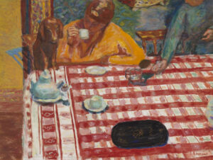 Painting showing a woman sitting at a table with a red and white check tablecloth, she is drinking coffee and a small brown dachshund has its paws on the table next to her.