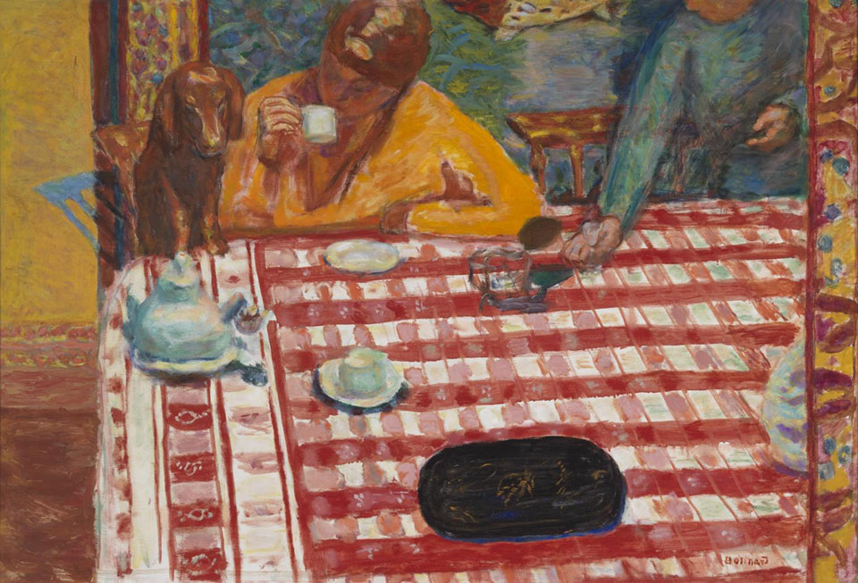 Colour painting of a person driving coffee at a table with a red and white check tablecloth