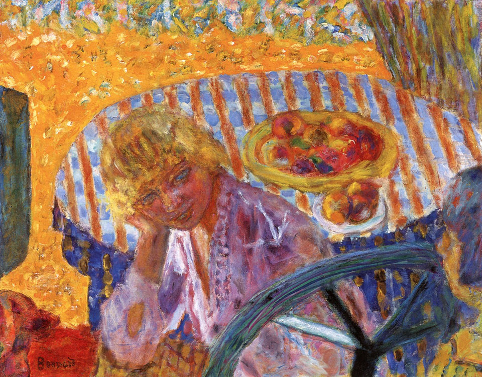 A painting off a woman in a garden sitting at a table with a bowl and plate with fruit.