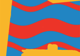 Portion of a book cover showing an abstract image (I know , another one, but this one is quite good). The background is horizontal thick blue and red wavy lines. On top of this are some flat yellow graphics representing wooden signposts.