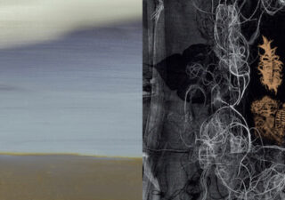 Composite image made from two book covers showing (on the left) an abstract shoreline with sky and (on the right) an abstract grey background with white squiggles and brown leaflike squiggles. I know, so many abstract images! It seems to be a poetry thing, the abstract image. Sometimes you get a nice picture of a friendly dog, or a cow. But mostly it's an abstract thing.