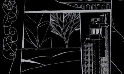 Section of a book cover. It's mostly black, with silver grey lines that could be woodcuts. It shows in roughly square boxes, a tree, a tower, a bridge, some leaves and a curly vertical squiggle. Nope, I don't know either.