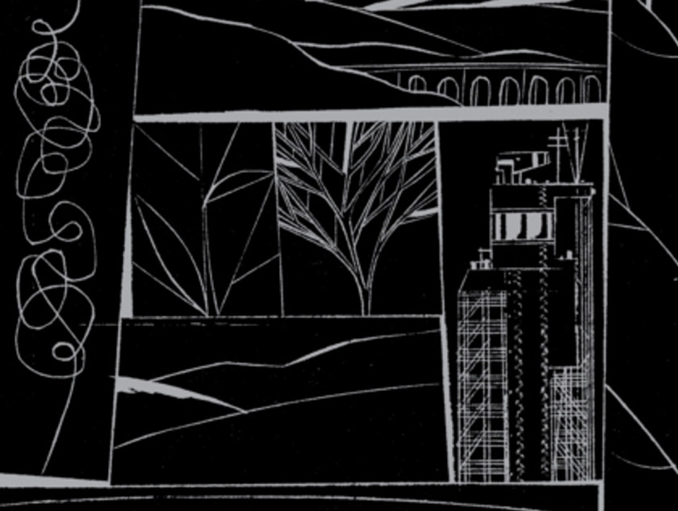 Section of a book cover. It's mostly black, with silver grey lines that could be woodcuts. It shows in roughly square boxes, a tree, a tower, a bridge, some leaves and a curly vertical squiggle. Nope, I don't know either.
